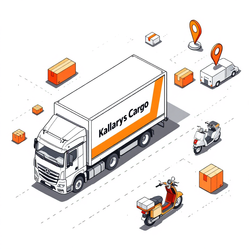 Pengiriman kargo dengan truk, skuter, van dan paket